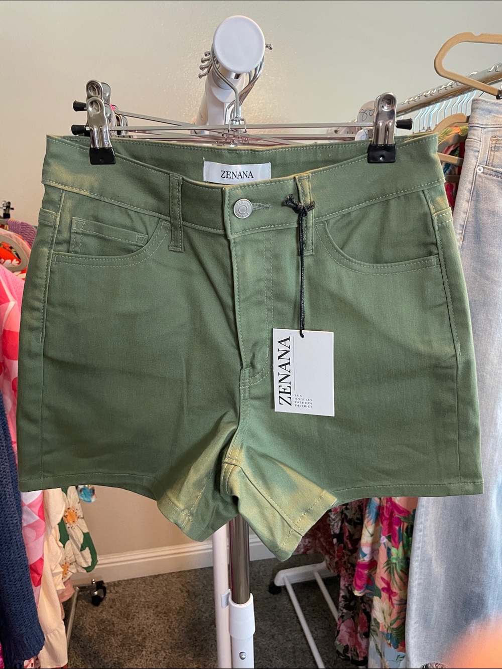 Cotton Blend Olive Green Mid-Rise Shorts